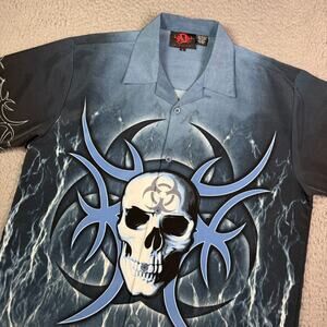 Vintage Dragonfly Shirt Mens L Blue Skull Tribal Y2K Grunge Loop Camp Collar